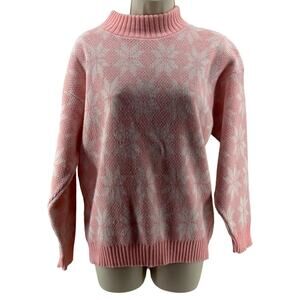 Vintage Jolie Baby Pink White Snowflake Pullover Jumper Sweater Kawaii Lodge